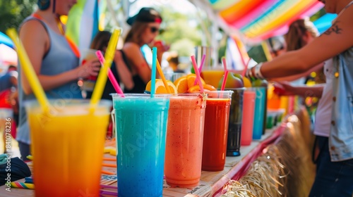 A vibrant smoothie bar at the summer festival attracted crowds with colorful, refreshing fruity drinks.