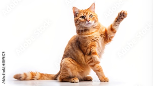 Wallpaper Mural Adorable orange ginger cat stands upright on hind legs, stretching paw up towards something, against a plain white isolated studio background. Torontodigital.ca