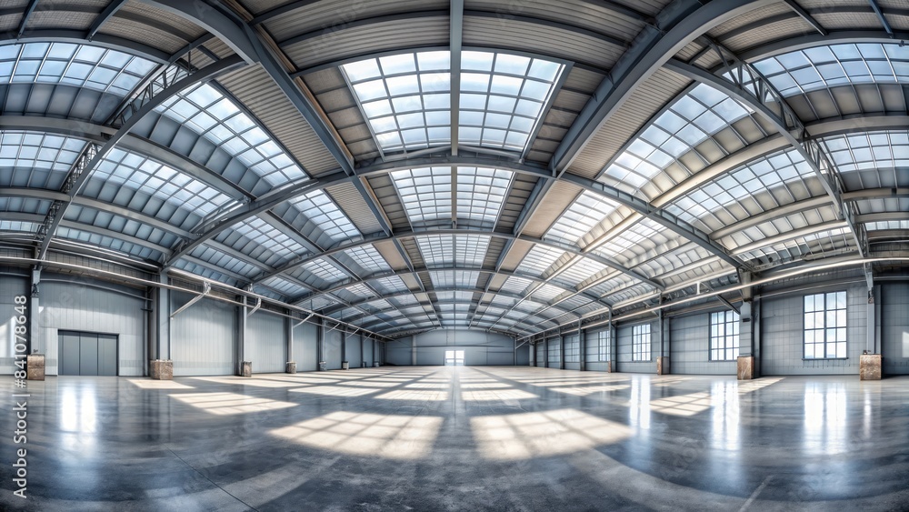 Sparse, high-ceilinged, industrial-style room with concrete floor, metal beams, and empty space, ideal for 360° hdri, vr, and ar environments, devoid of human presence. Sparse, high-ceilinged, industrial-style room with concrete floor, metal beams, and empty space, ideal for 360° hdri, vr, and ar environments, devoid of human presence.