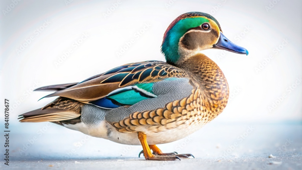 Obraz premium A vibrant teal duck stands solo on a pristine white background, its iridescent feathers glistening, its sleek body positioned at a slight angle.