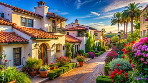 Sun-kissed streets lined with stunning mediterranean-style homes featuring spanish tile roofs, lush greenery, and vibrant flowers in a tranquil upscale neighborhood setting.