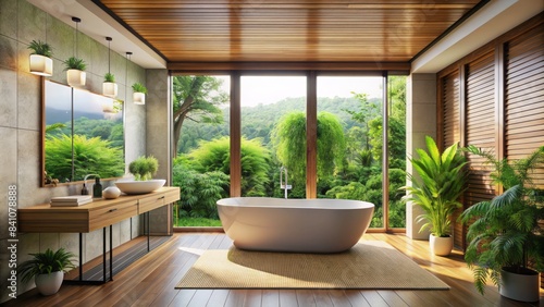 Spacious modern bathroom boasts a freestanding tub, expansive wooden accents, elegant mirror above the sink, lush greenery, and a vast window overlooking nature. photo