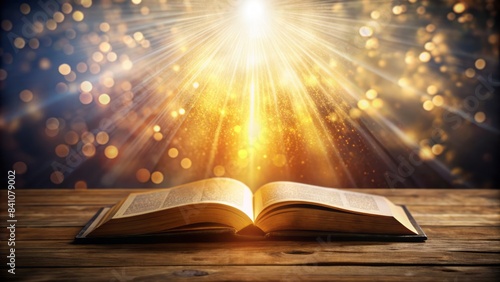 Ethereal bright light surrounds an open bible on a wooden desk, set against a dark, mystical bokeh background, evoking a sense of divine guidance and spiritual illumination.