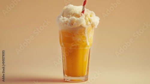 Orange Creamsicle Float, a vintage-style photograph. A tall glass filled with creamy vanilla ice cream, creating a foamy head. A red and white striped straw rests on the rim of the glass