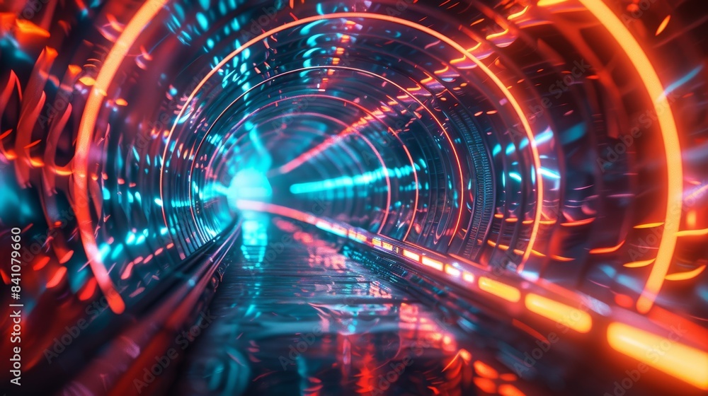 Fototapeta premium Futuristic neon-lit tunnel with vibrant blue and red lights creating a high-tech, sci-fi ambiance and dynamic perspective.