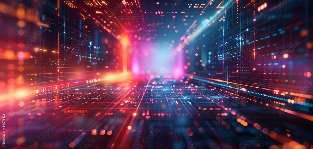 Futuristic digital matrix background with colorful lights and data. Abstract technology concept featuring dynamic paths and vivid colors. Futuristic digital matrix background with colorful lights and data. Abstract technology concept featuring dynamic paths and vivid colors.