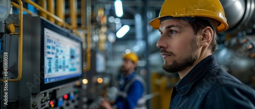 Engineer in protective gear monitors control panel in a sophisticated industrial facility. He observes data for optimal performance.