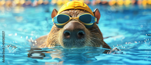 A whimsical 3D rendered banner of a capybara in a swimming cap and goggles diving into a pool on a one-colored background. The scene is lively and comical, created with AI generative. photo