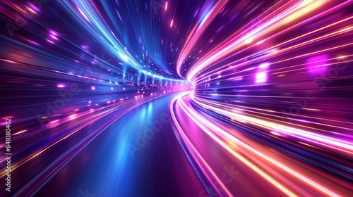 Dynamic abstract neon light trails creating a sense of motion and speed  perfect for backgrounds or futuristic designs.