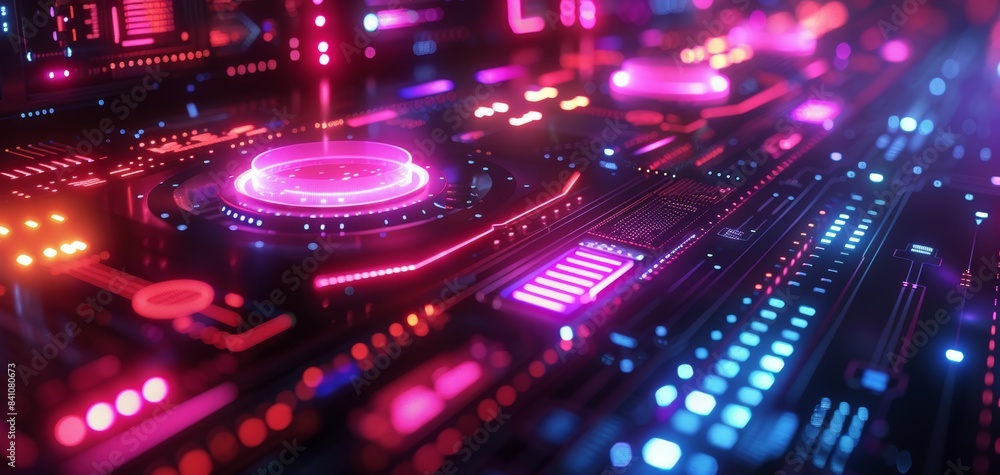 Close-up of futuristic circuit board glowing with neon lights, concept of advanced technology, artificial intelligence, and digital innovation. Close-up of futuristic circuit board glowing with neon lights, concept of advanced technology, artificial intelligence, and digital innovation.