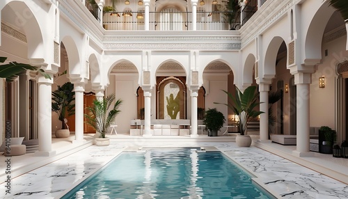 A large indoor pool with arches and columns with palm trees