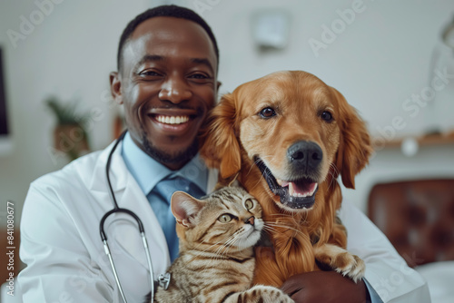 Veterinarian with a dog and a cat, showcasing animal care and health protection. Perfect for advertising and banners on pet healthcare. photo