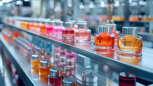 Close-up of colorful perfume bottles on a modern assembly line in a manufacturing factory with a blurred background.