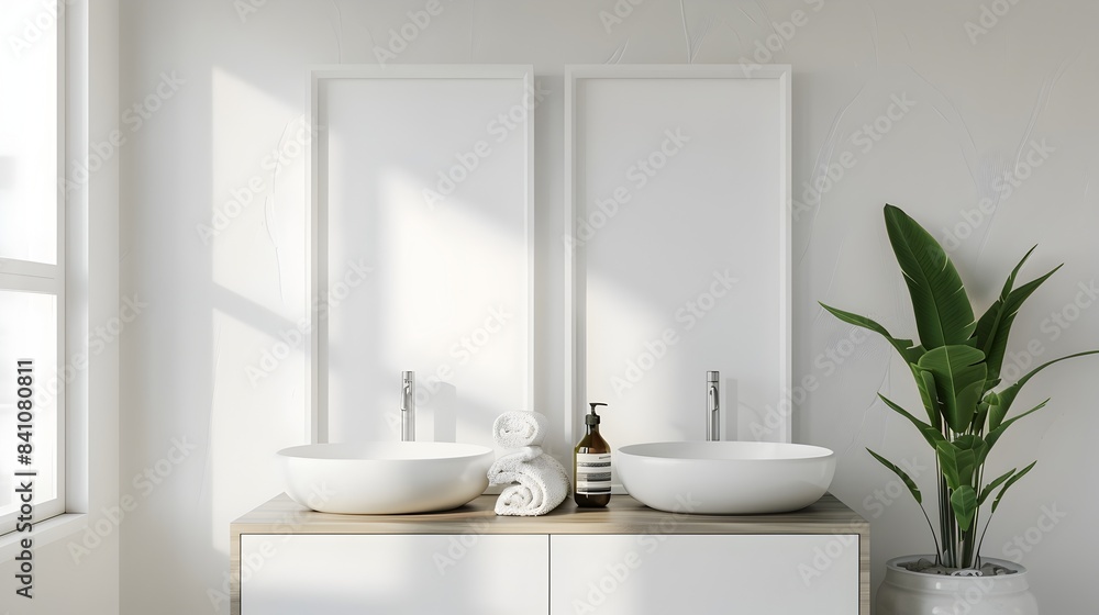 Fototapeta premium Serene and Minimalist Bathroom Interior with Vessel Sinks and Greenery