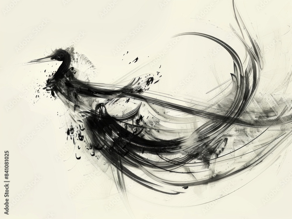 Black ink painting of a phoenix with elegant curves. Black ink painting of a phoenix with elegant curves.