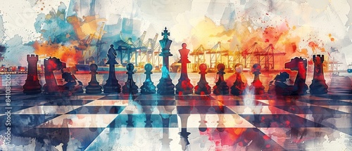 A vibrant watercolor painting of a chessboard with chess pieces in front of a harbor scene, blending art and strategy in one frame.