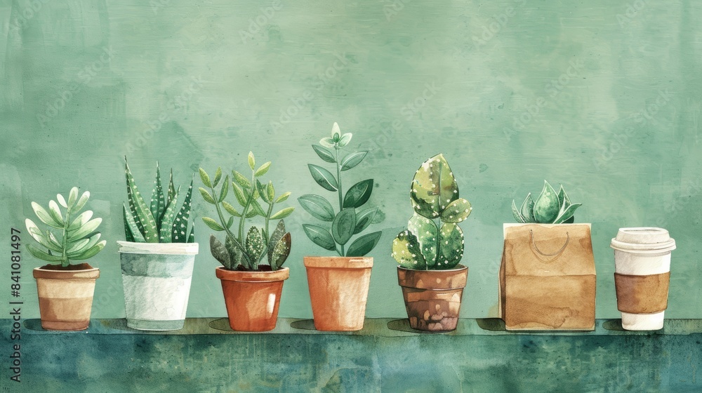 A charming illustration of potted plants in various containers against a textured green background. Includes succulents, a coffee cup, and leafy plants. A charming illustration of potted plants in various containers against a textured green background. Includes succulents, a coffee cup, and leafy plants.