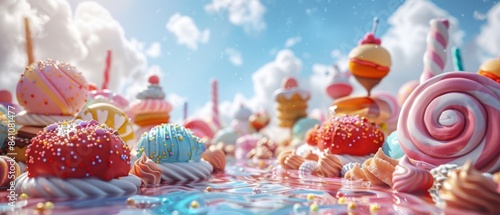 A colorful candyland of sweets and desserts, with cupcakes, lollipops, and macarons under a bright blue sky with fluffy clouds.