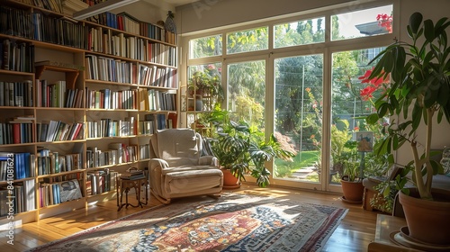 Sunlit living room with a novel-filled bookshelf  cozy chair  and large window showcasing a lush garden.