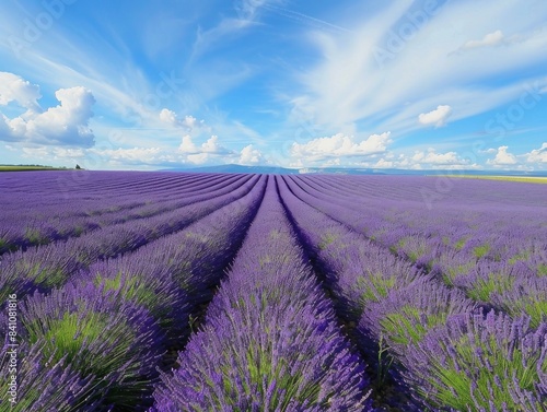 The photo shows endless rows of lavender fields stretching to the horizon, with a blue sky and wispy white clouds overhead