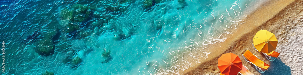 Naklejka premium white sand beach and blue sea, panoramic aerial view, travel to tropical coast, enjoy vacation. Wall Art Poster Print Design for Home Decor, Decoration Artwork, High Resolution Wallpaper & Background