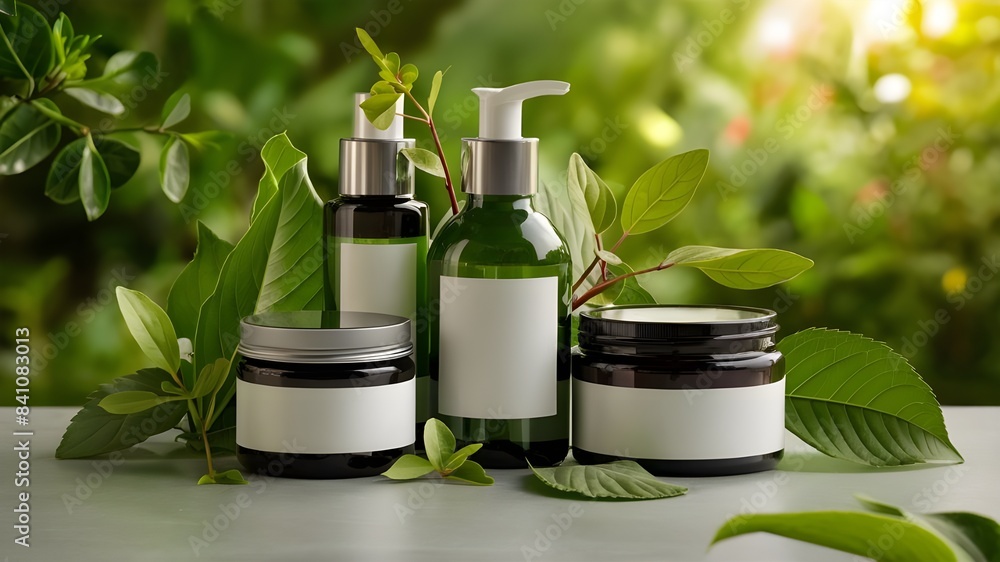 Luxurious Cosmetic Products for Body Care and Skin Beauty on a Green Leaf Background. Luxurious Cosmetic Products for Body Care and Skin Beauty on a Green Leaf Background.