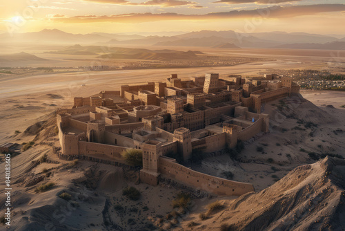 Photorealistic Canon EOS image capturing a Central Asian medieval walled city at sunrise, set in expansive dry desert steppes. The ancient architecture is vividly detailed AI generative techniques. photo