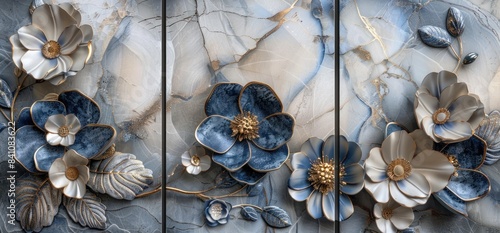 3d luxury marble background with silver and blue flower decoration, three panels for wall decoration