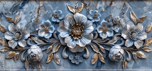 3d luxury marble background with silver and blue flower decoration, three panels for wall decoration