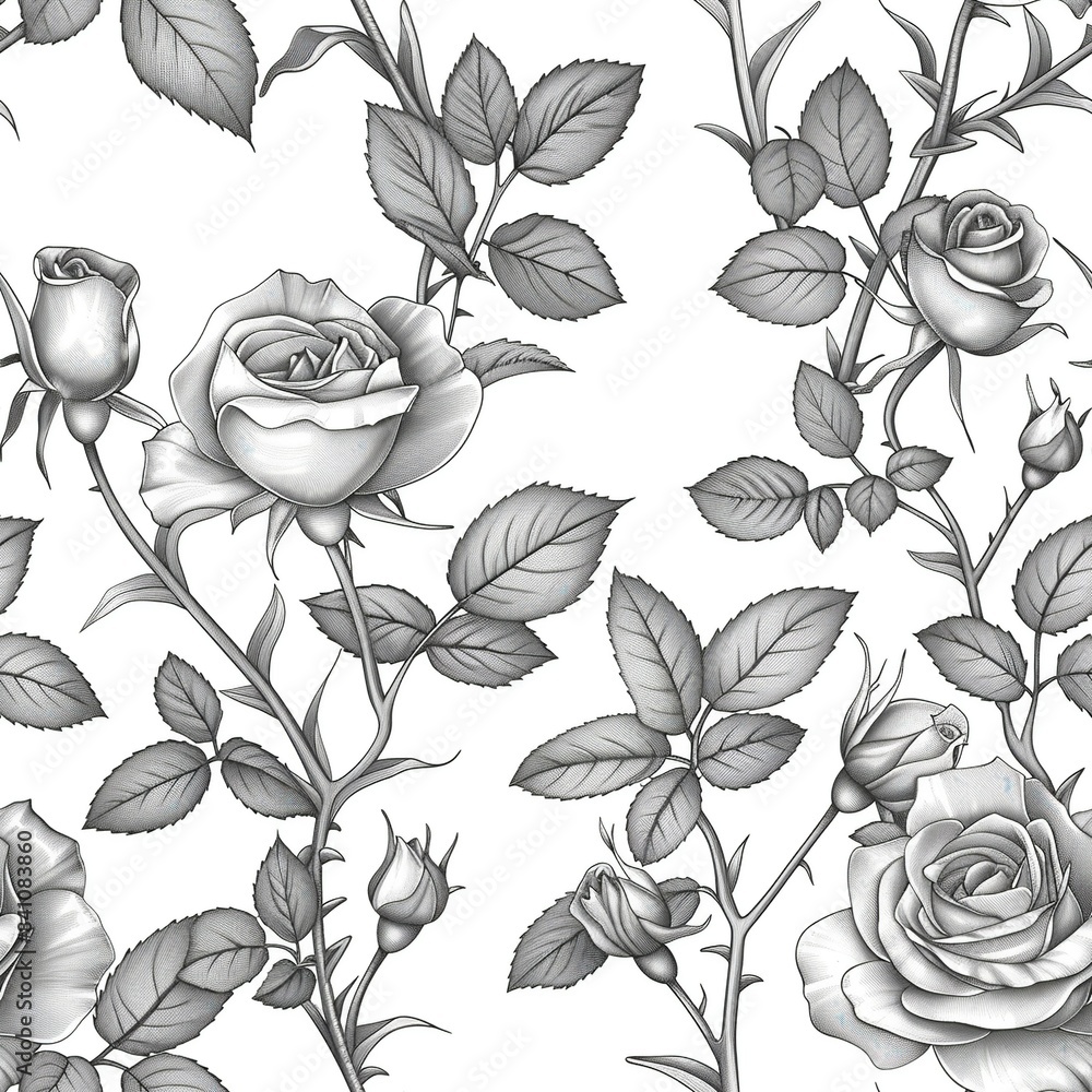 Φωτογραφία An illustration of a bouquet of roses in line art, with each bloom in various stages of opening, accompanied by thorny stems and detailed leaves