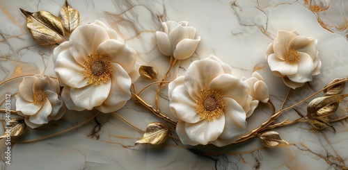Fototapeta Naklejka Na Ścianę i Meble -  3d luxury marble wall with three white and gold flowers, golden leaves, golden lines for wall decoration
