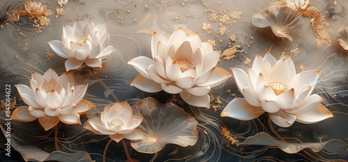 3D luxury wall mural with lotus flowers, lotus leaves and golden line art on a dark background