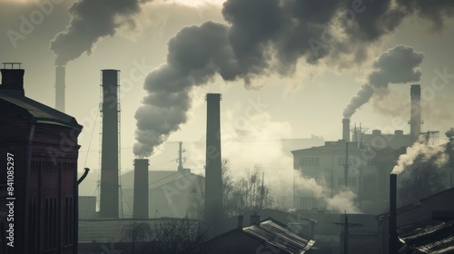 Smokestack 1900s industry 1.0 Thick smoke from air pollution from industrial factory chimneys that use coal as fuel. photo