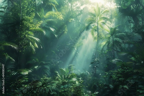 Serene tropical rainforest with sunlight streaming through lush greenery  creating a tranquil and vibrant natural scene.