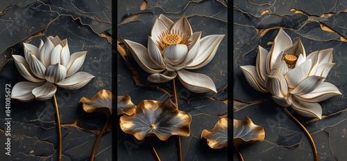 3D luxury wallpaper design with lotus flowers on a black granite background