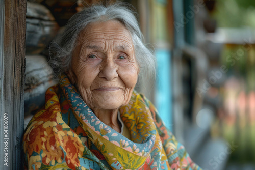 An elderly woman with deep-set wrinkles and a warm smile