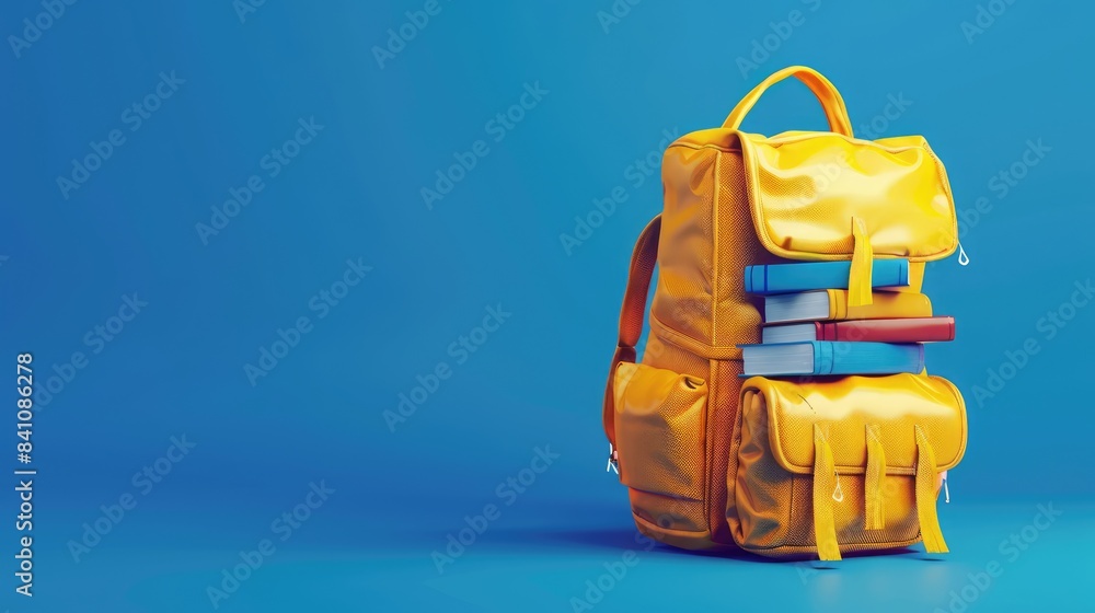 Yellow Backpack on Stack of Books (Blue Background) Yellow Backpack on Stack of Books (Blue Background)