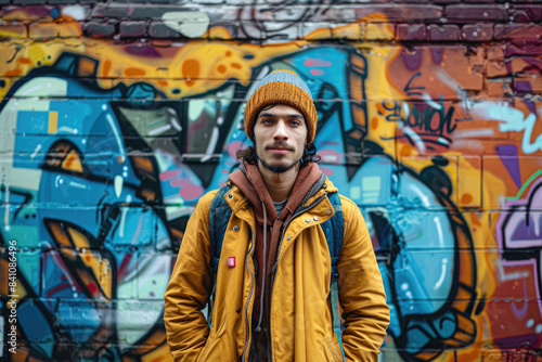 A city-dweller in casual attire against a vibrant graffiti wall