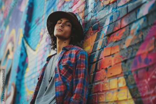 A city-dweller in casual attire against a vibrant graffiti wall