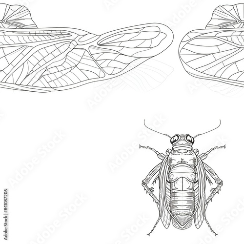 Meticulous sketch of a cicada, capturing its membranous wings, bulbous eyes, and distinct segmented body. Minimal pattern banner wallpaper, simple background, Seamless,