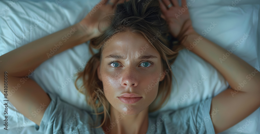 A woman with long brown hair is laying on a bed with her head in her hands A woman with long brown hair is laying on a bed with her head in her hands