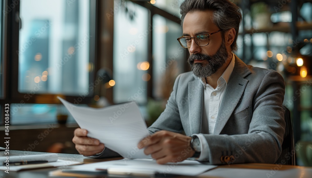 Businessman examining papers in modern office Businessman examining papers in modern office