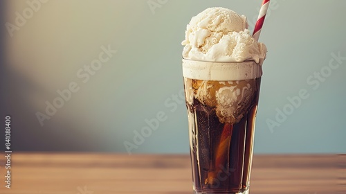 Root Beer Float, a vintage-style photograph. A tall glass filled with creamy vanilla ice cream, creating a foamy head. A red and white striped straw rests on the rim of the glass