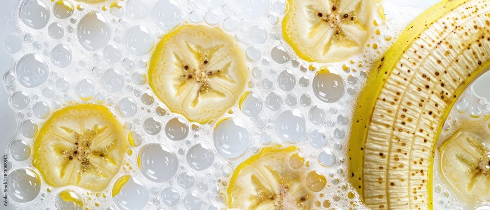 banana in soda bubbles on white background banana in soda bubbles on white background