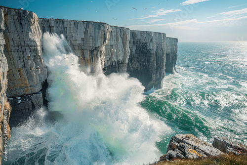 Waves crashing against rugged cliffs under a clear blue sky