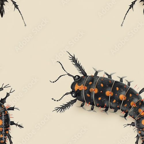 Meticulous sketch of a beetle larva, featuring its segmented body, tiny legs, and voracious mandibles. Minimal pattern banner wallpaper, simple background, Seamless, photo