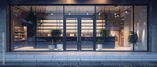 contemporary boutique store boasts floor-to-ceiling glass windows  offering passersby a glimpse into its trendy offerings