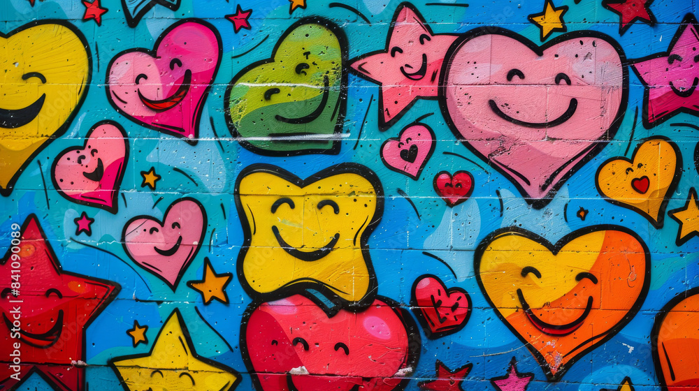 Colorful Heart And Star Graffiti On Brick Wall Colorful Heart And Star Graffiti On Brick Wall