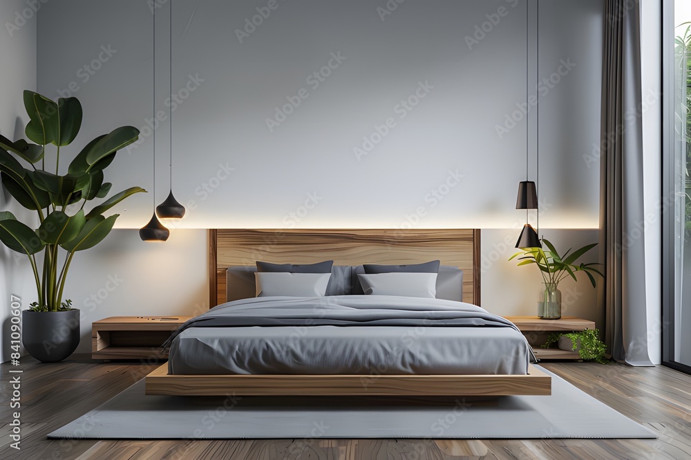 A minimalist bedroom with a wooden bed frame, soft grey bedding ai generative A minimalist bedroom with a wooden bed frame, soft grey bedding ai generative