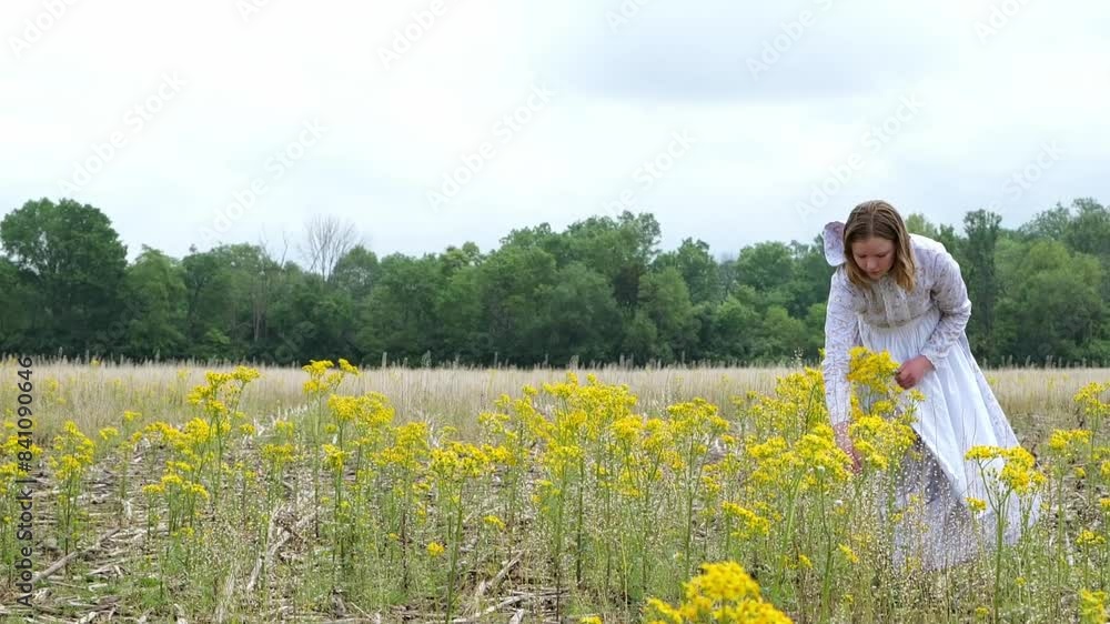 Pioneer Girl Picks Butterweed Wildflowers in Field Background in a Homestead Farm in Ohio Pioneer Girl Picks Butterweed Wildflowers in Field Background in a Homestead Farm in Ohio